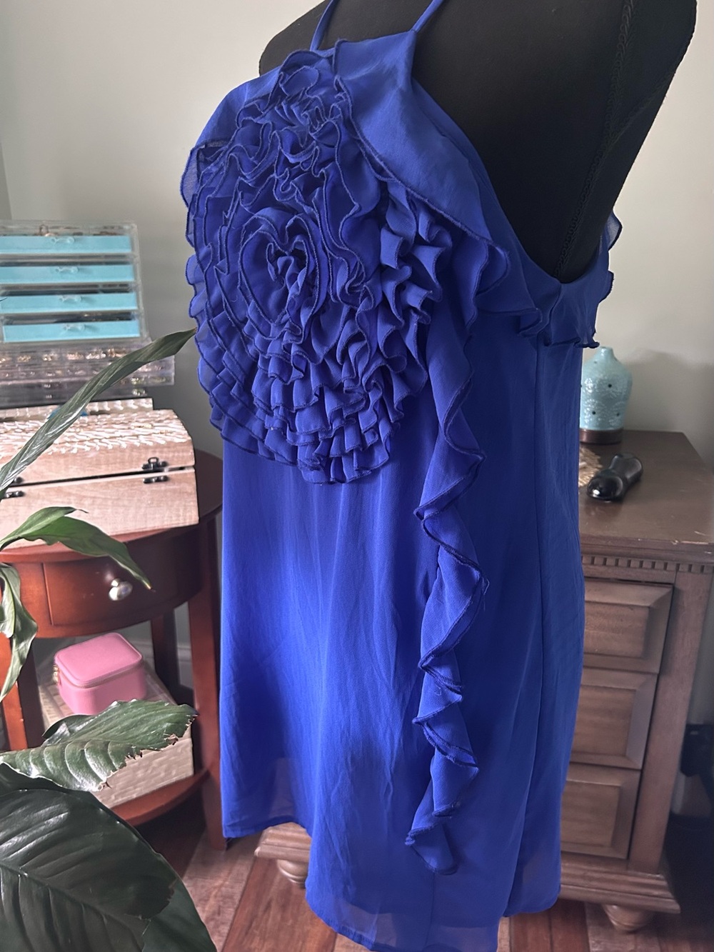 Royal Blue Ruffle Chiffon Spaghetti Strap blouse